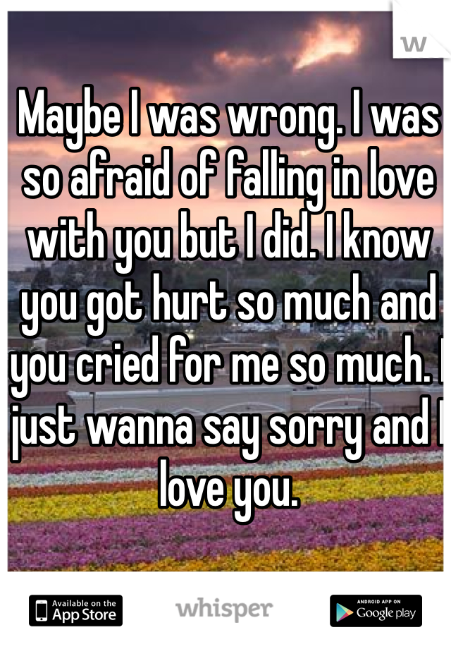 Maybe I was wrong. I was so afraid of falling in love with you but I did. I know you got hurt so much and you cried for me so much. I just wanna say sorry and I love you.