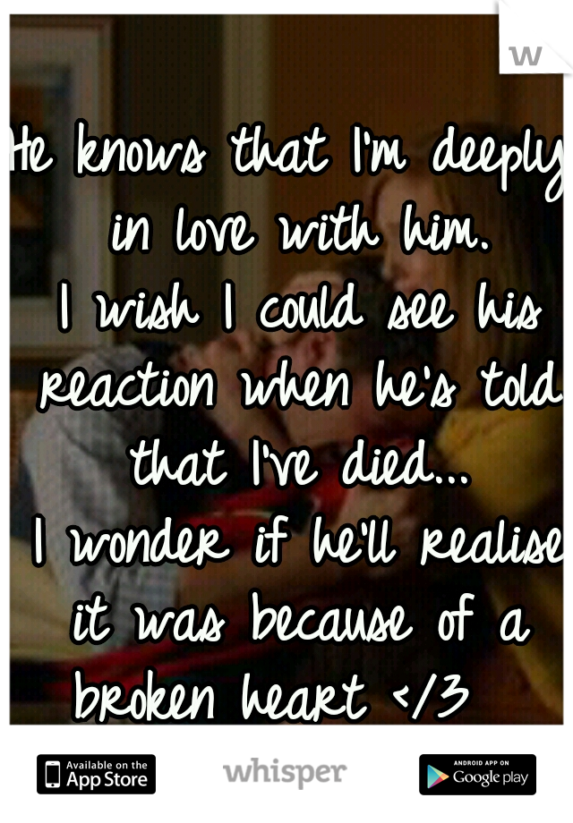 He knows that I'm deeply in love with him.
 I wish I could see his reaction when he's told that I've died...
 I wonder if he'll realise it was because of a broken heart </3  