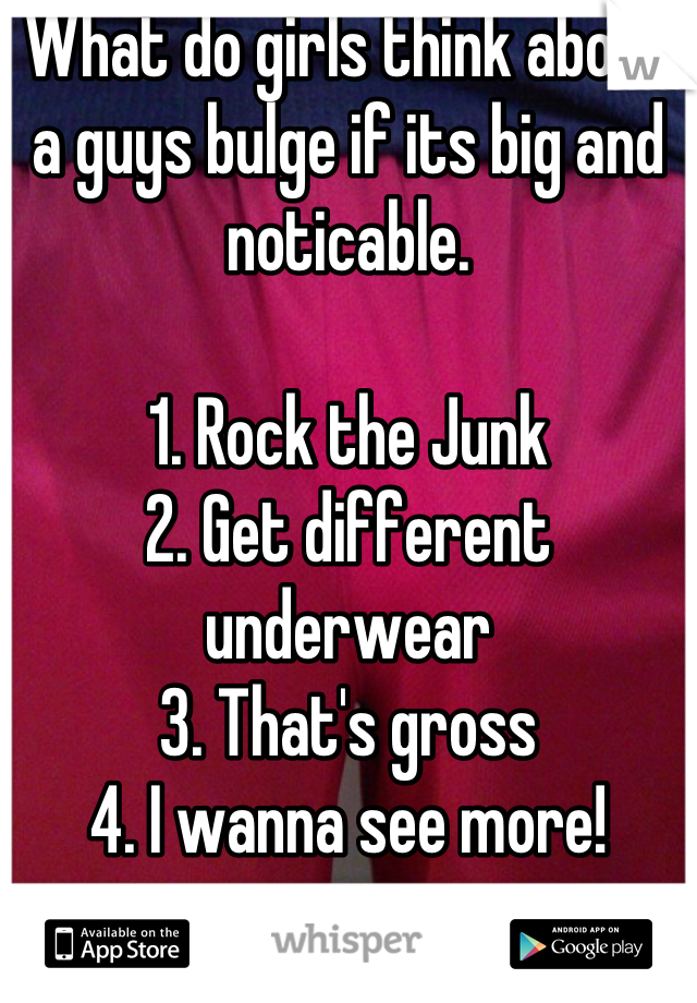 What do girls think about a guys bulge if its big and noticable.

1. Rock the Junk
2. Get different underwear
3. That's gross
4. I wanna see more!