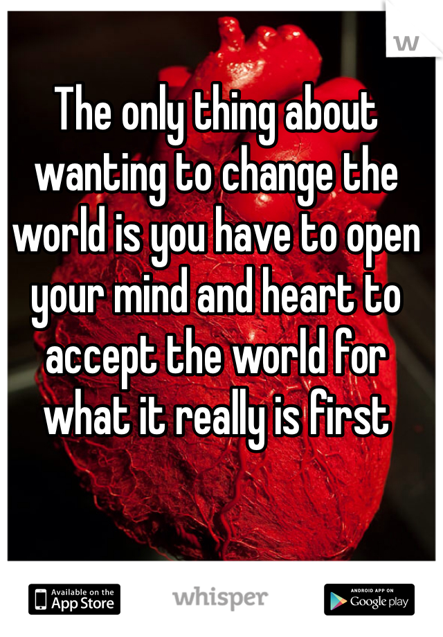 The only thing about wanting to change the world is you have to open your mind and heart to accept the world for what it really is first