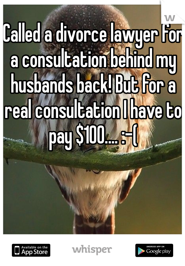 Called a divorce lawyer for a consultation behind my husbands back! But for a real consultation I have to pay $100.... :-( 