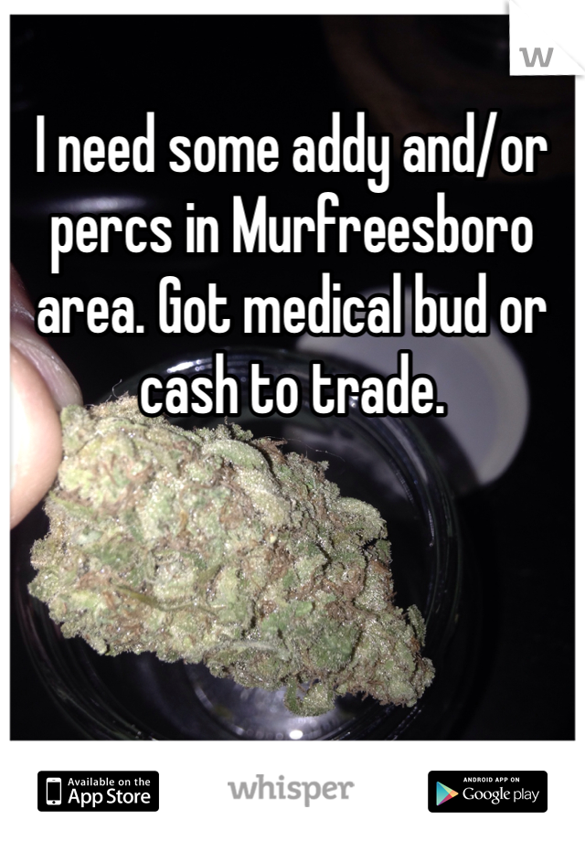 I need some addy and/or percs in Murfreesboro area. Got medical bud or cash to trade.