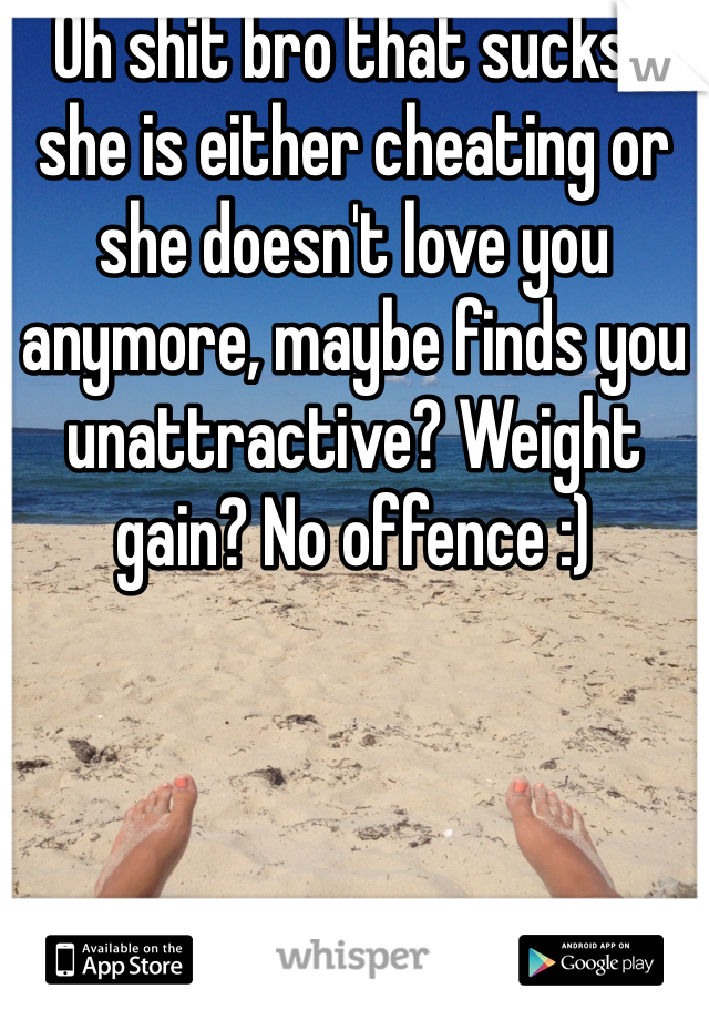 Oh shit bro that sucks!, she is either cheating or she doesn't love you anymore, maybe finds you unattractive? Weight gain? No offence :) 