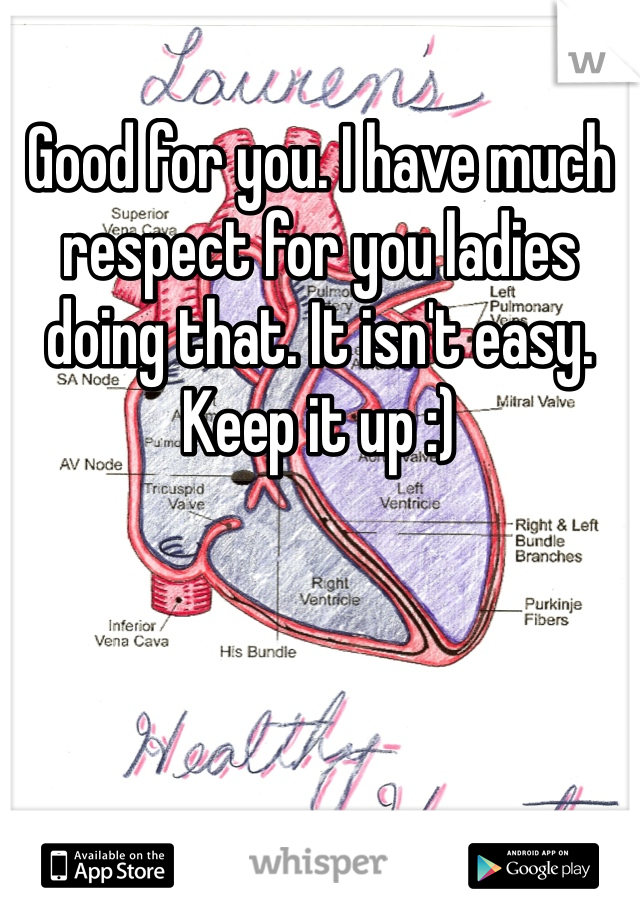 Good for you. I have much respect for you ladies doing that. It isn't easy. Keep it up :)