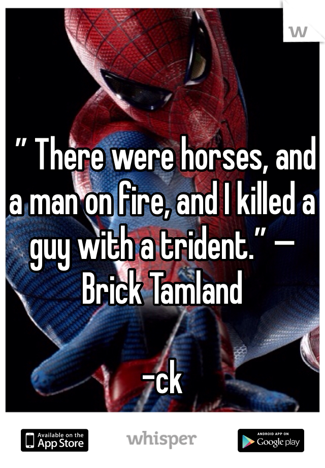  ” There were horses, and a man on fire, and I killed a guy with a trident.” — Brick Tamland

-ck