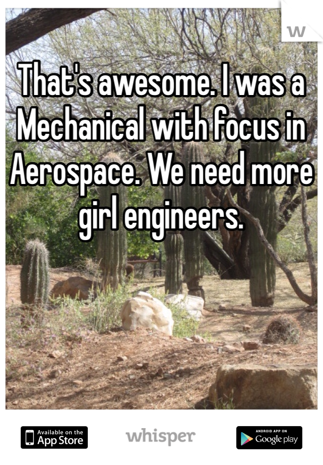 That's awesome. I was a Mechanical with focus in Aerospace. We need more girl engineers. 