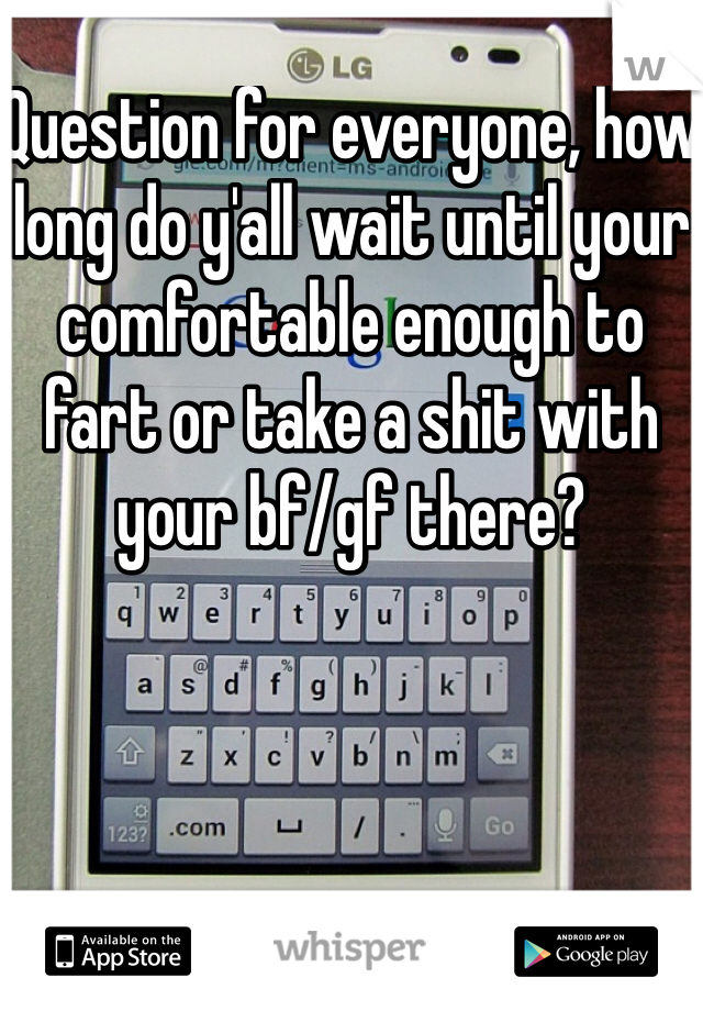 Question for everyone, how long do y'all wait until your comfortable enough to fart or take a shit with your bf/gf there? 