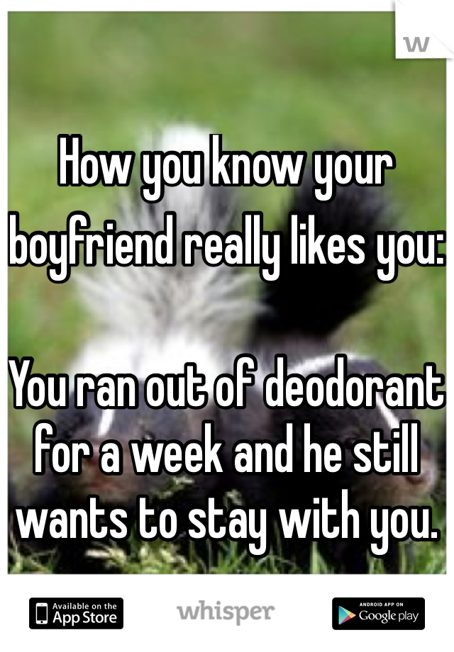 How you know your boyfriend really likes you:  You ran out of deodorant for a week and he still wants to stay with you.