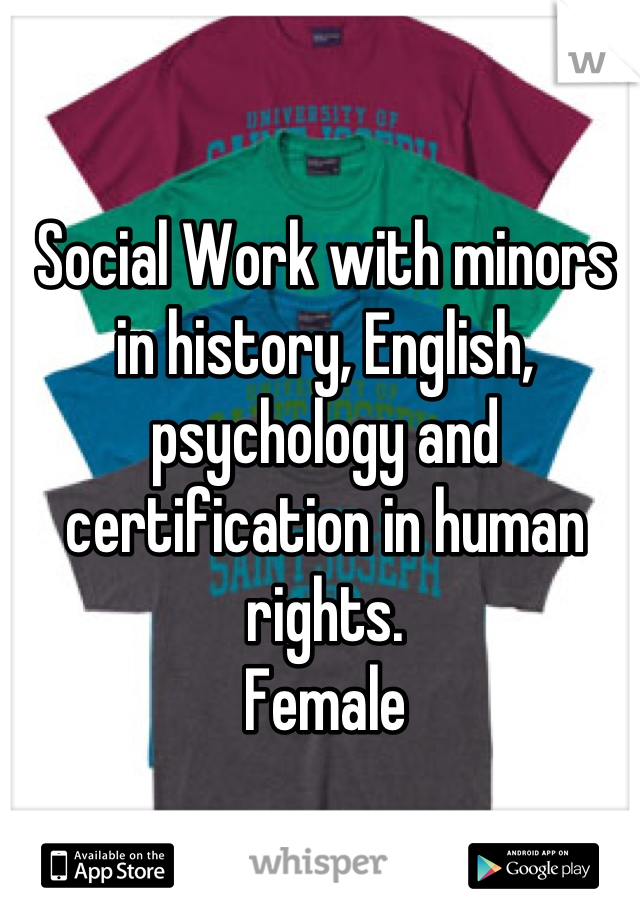 Social Work with minors in history, English, psychology and certification in human rights. 
Female