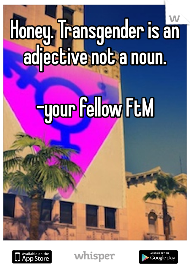 Honey. Transgender is an adjective not a noun. 

-your fellow FtM