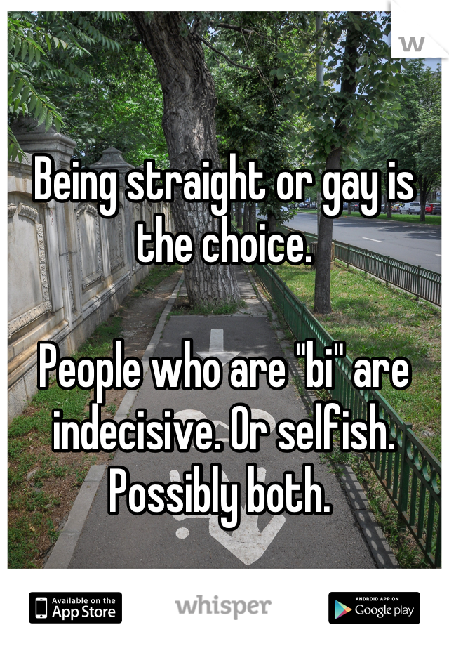 Being straight or gay is the choice. 

People who are "bi" are indecisive. Or selfish. Possibly both. 