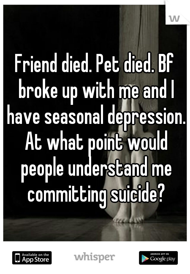 Friend died. Pet died. Bf broke up with me and I have seasonal depression. At what point would people understand me committing suicide?