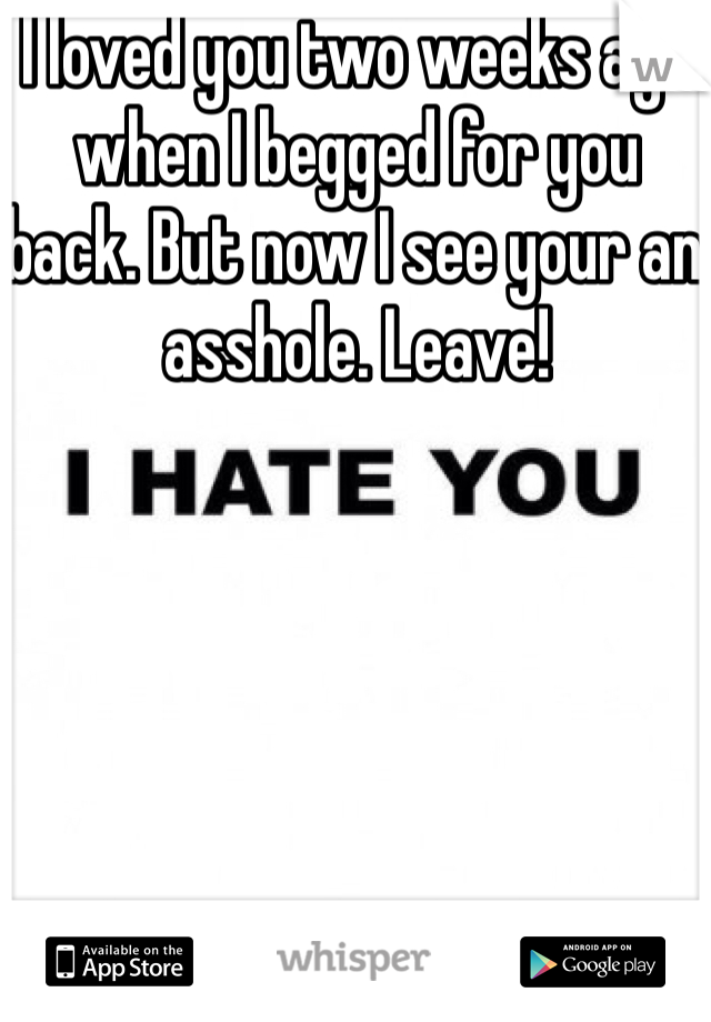 I loved you two weeks ago when I begged for you back. But now I see your an asshole. Leave!