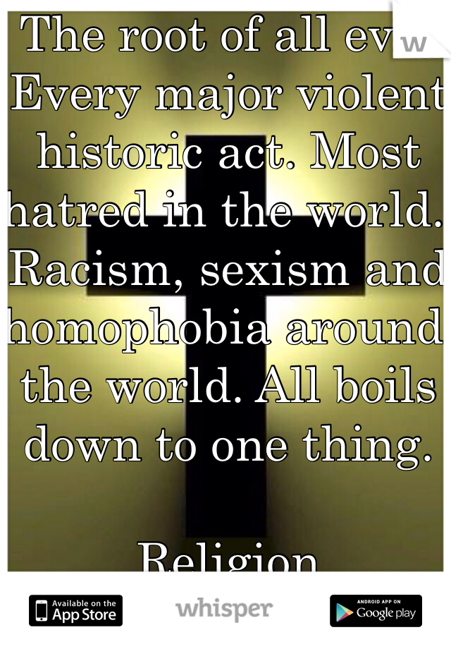 The root of all evil. Every major violent historic act. Most hatred in the world. Racism, sexism and homophobia around the world. All boils down to one thing.

Religion 