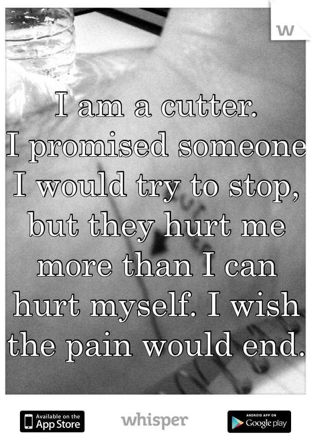 I am a cutter. 
I promised someone I would try to stop, but they hurt me more than I can hurt myself. I wish the pain would end.