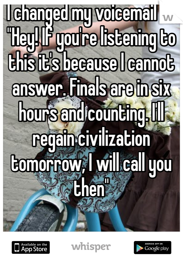 I changed my voicemail to
"Hey! If you're listening to this it's because I cannot answer. Finals are in six hours and counting. I'll regain civilization tomorrow, I will call you then"