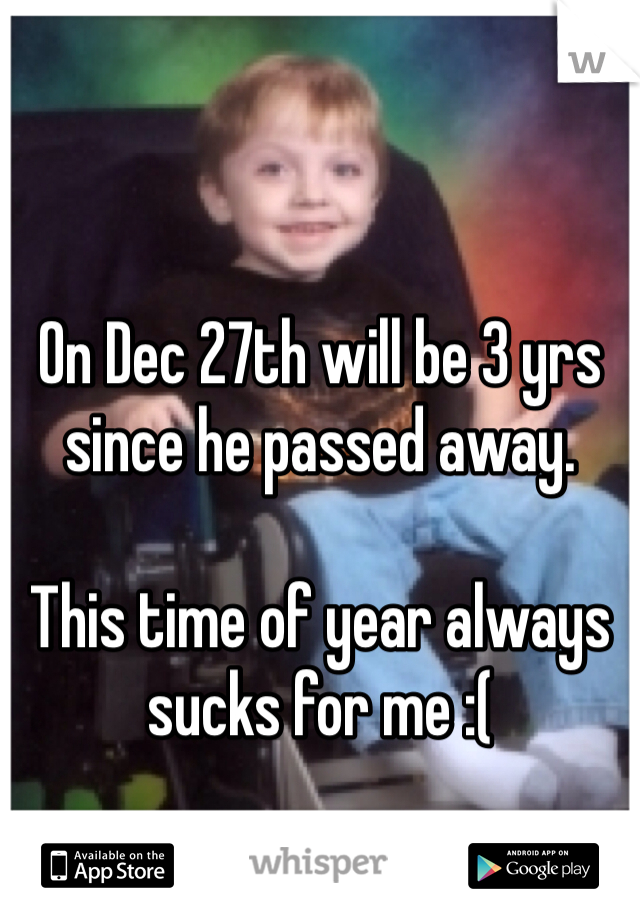 On Dec 27th will be 3 yrs since he passed away.

This time of year always sucks for me :(