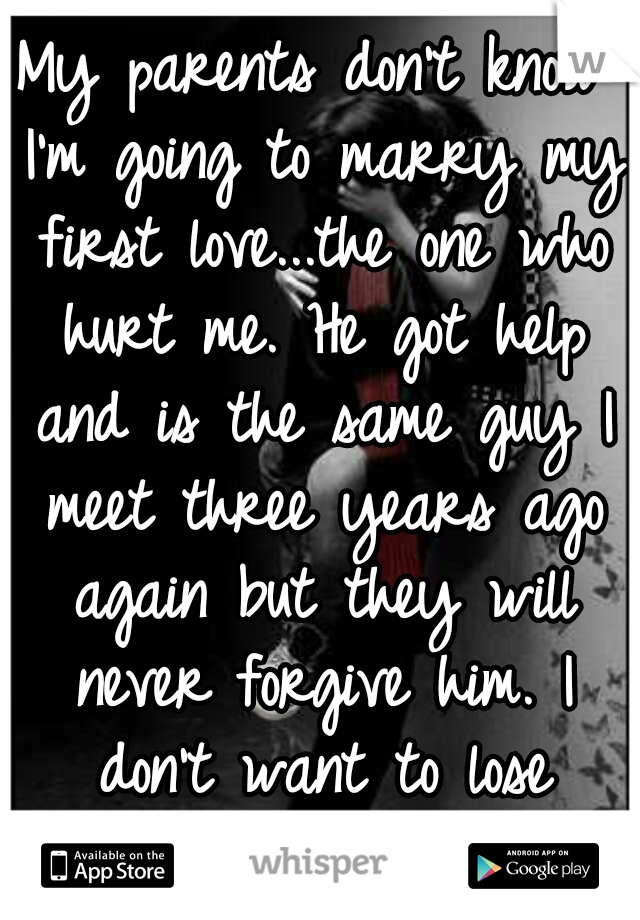 My parents don't know I'm going to marry my first love...the one who hurt me. He got help and is the same guy I meet three years ago again but they will never forgive him. I don't want to lose anyone