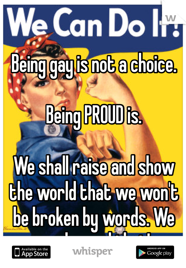 Being gay is not a choice. 

Being PROUD is. 

We shall raise and show the world that we won't be broken by words. We are beyond that! 