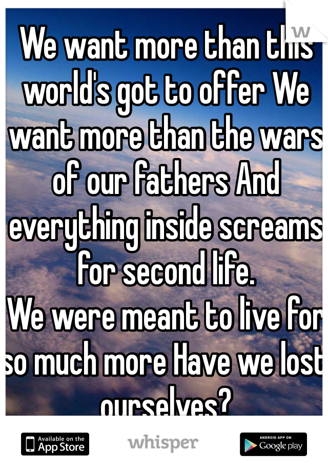 We want more than this world's got to offer We want more than the wars of our fathers And everything inside screams for second life.
We were meant to live for so much more Have we lost ourselves? 