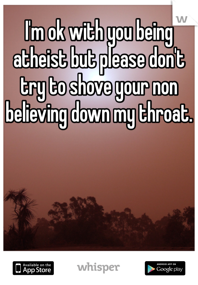 I'm ok with you being atheist but please don't try to shove your non believing down my throat. 