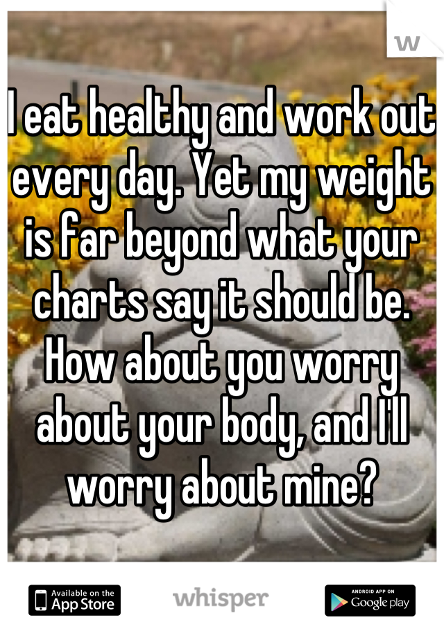 I eat healthy and work out every day. Yet my weight is far beyond what your charts say it should be. How about you worry about your body, and I'll worry about mine?