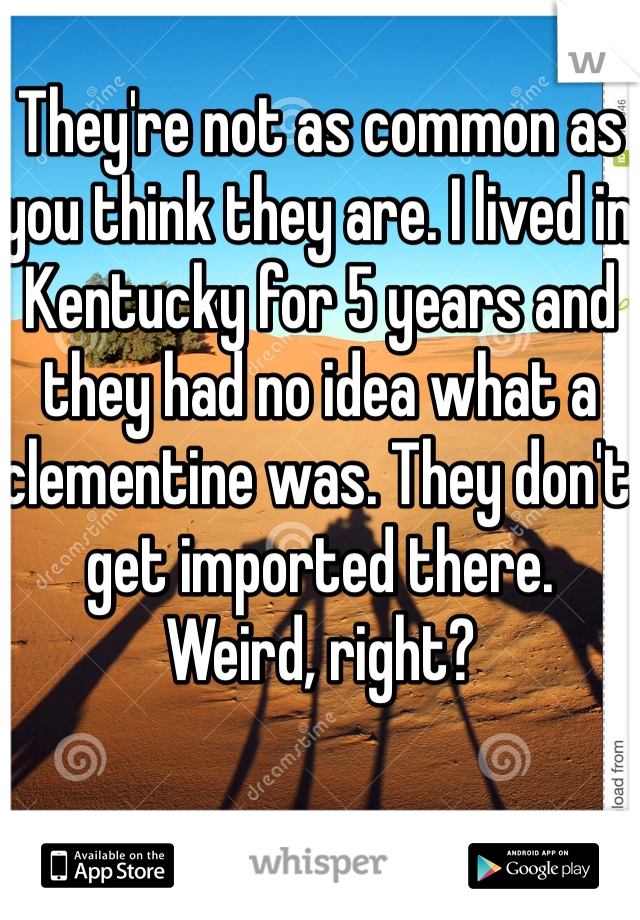 They're not as common as you think they are. I lived in Kentucky for 5 years and they had no idea what a clementine was. They don't get imported there.
Weird, right?