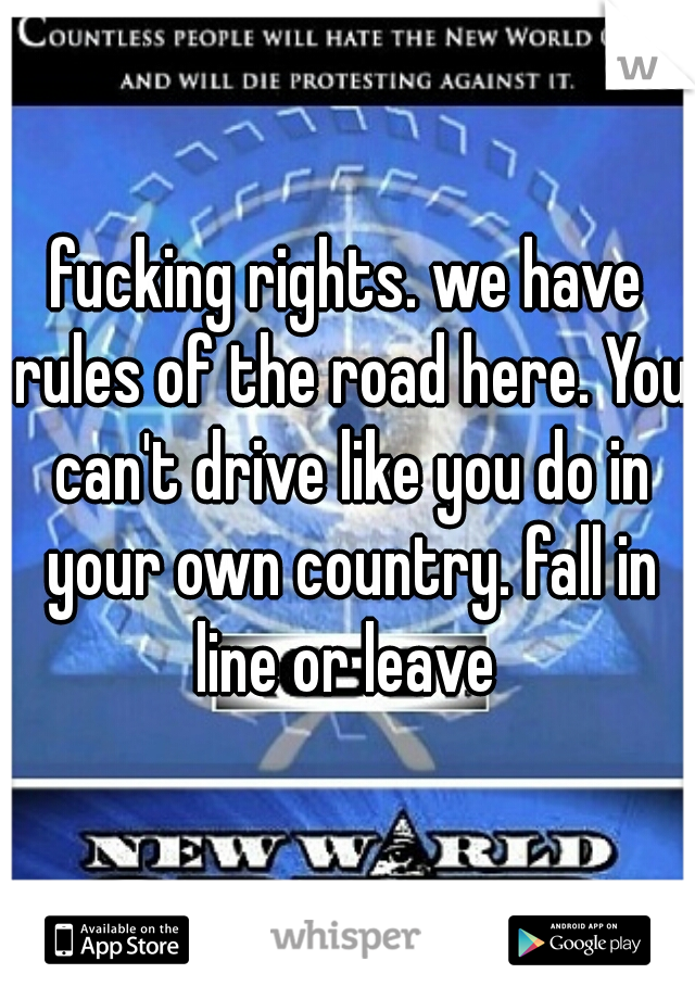 fucking rights. we have rules of the road here. You can't drive like you do in your own country. fall in line or leave 