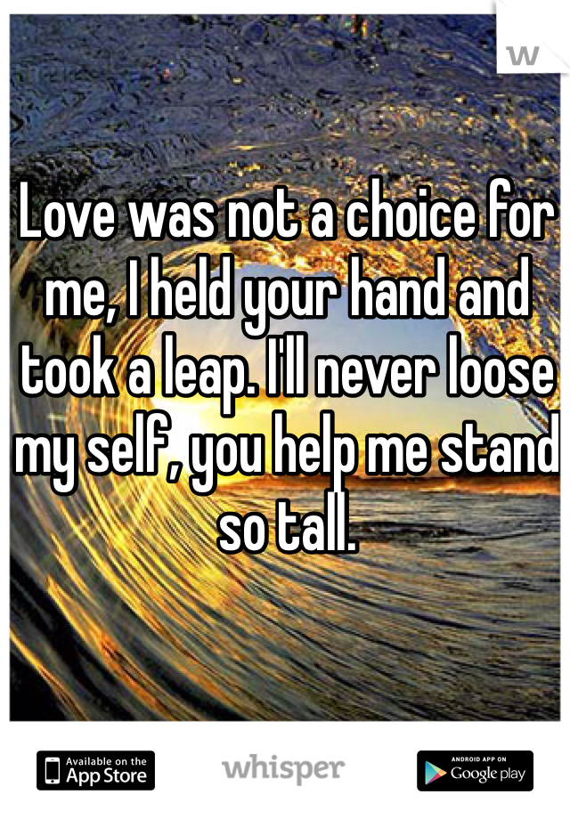 Love was not a choice for me, I held your hand and took a leap. I'll never loose my self, you help me stand so tall. 