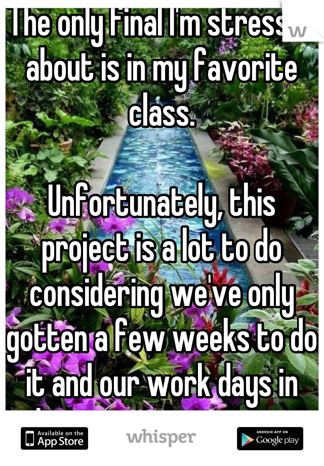 The only final I'm stressed about is in my favorite class.

Unfortunately, this project is a lot to do considering we've only gotten a few weeks to do it and our work days in class are even scarcer.