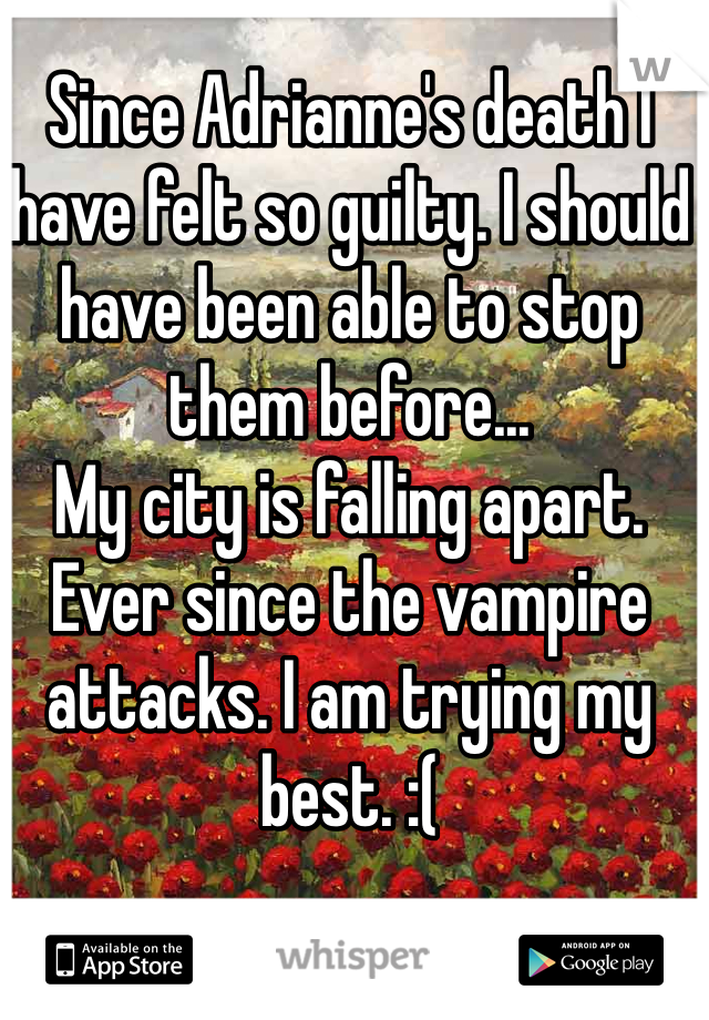 Since Adrianne's death I have felt so guilty. I should have been able to stop them before...
My city is falling apart. Ever since the vampire attacks. I am trying my best. :(