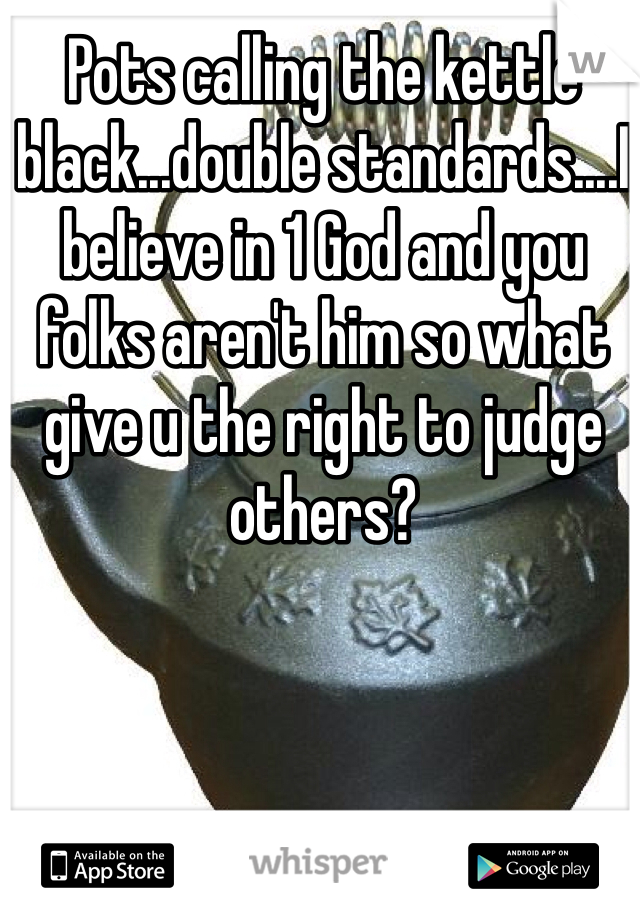 Pots calling the kettle black...double standards....I believe in 1 God and you folks aren't him so what give u the right to judge others?