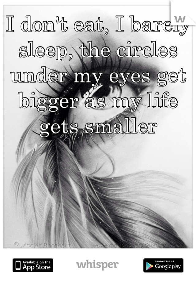 I don't eat, I barely sleep, the circles under my eyes get bigger as my life gets smaller