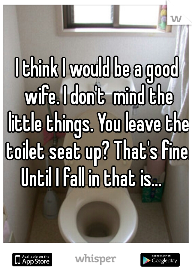 I think I would be a good wife. I don't  mind the little things. You leave the toilet seat up? That's fine. Until I fall in that is...    