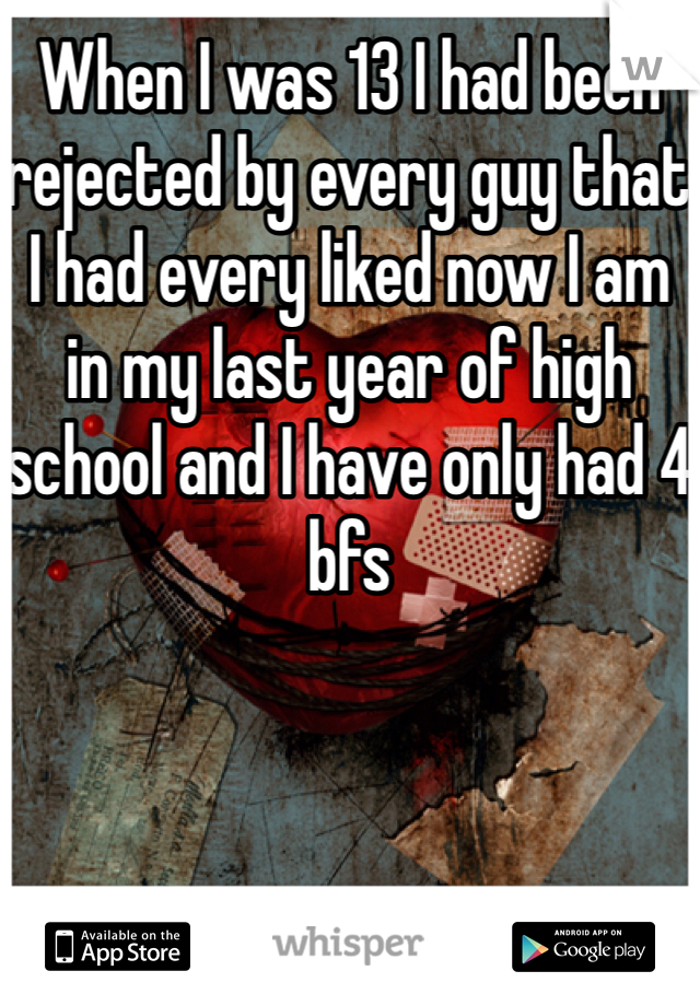 When I was 13 I had been rejected by every guy that I had every liked now I am in my last year of high school and I have only had 4 bfs