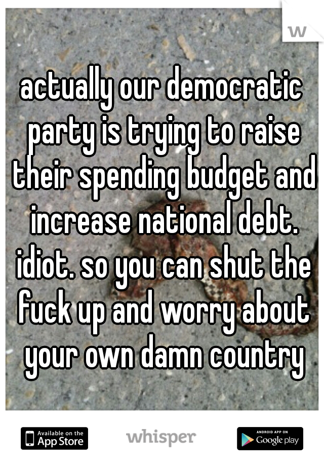 actually our democratic party is trying to raise their spending budget and increase national debt. idiot. so you can shut the fuck up and worry about your own damn country