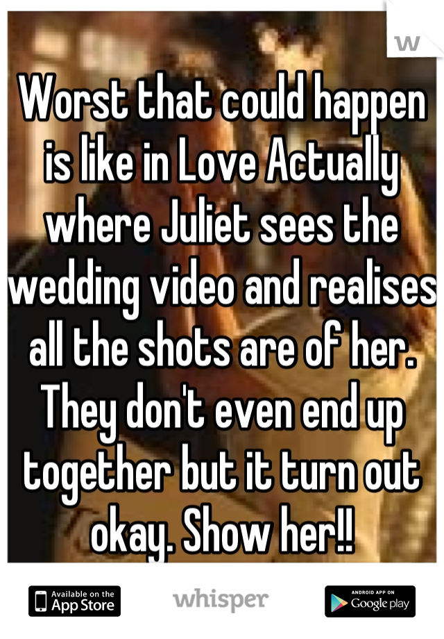 Worst that could happen is like in Love Actually where Juliet sees the wedding video and realises all the shots are of her. They don't even end up together but it turn out okay. Show her!!