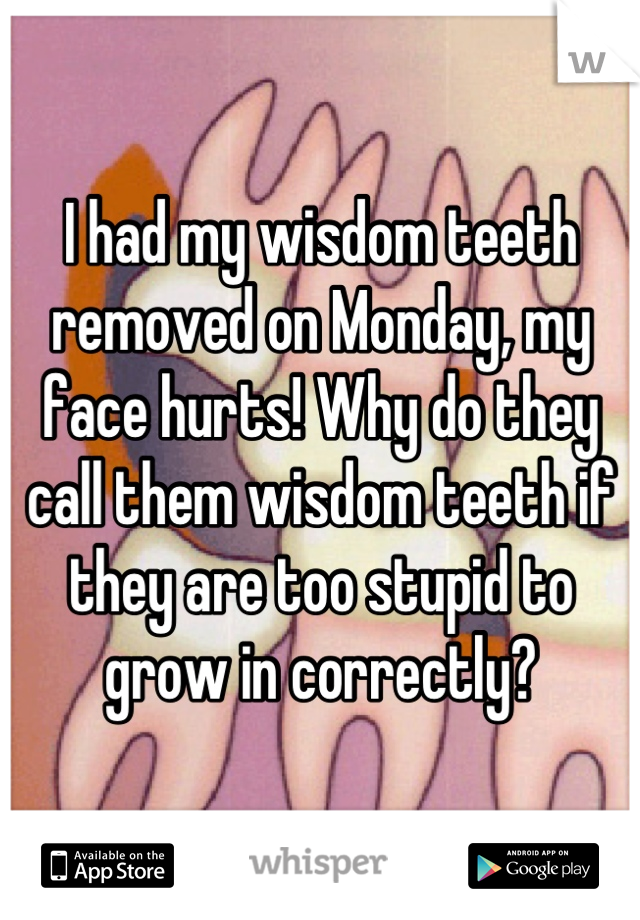I had my wisdom teeth removed on Monday, my face hurts! Why do they call them wisdom teeth if they are too stupid to grow in correctly?