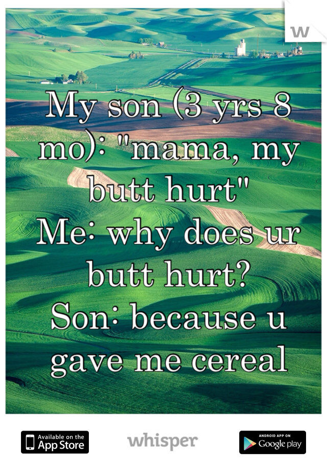 My son (3 yrs 8 mo): "mama, my butt hurt"
Me: why does ur butt hurt?
Son: because u gave me cereal 
