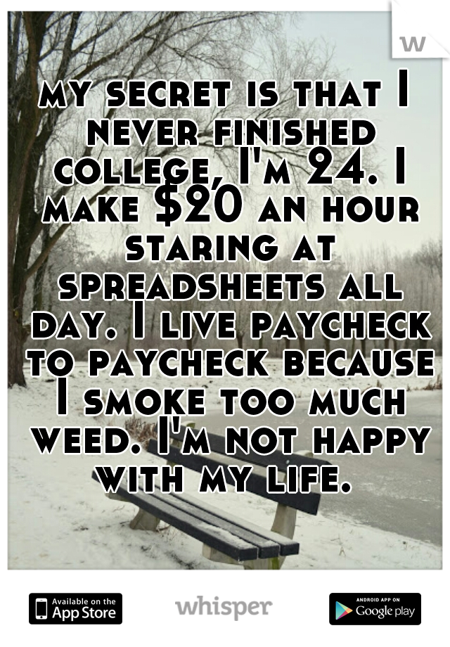 my secret is that I never finished college, I'm 24. I make $20 an hour staring at spreadsheets all day. I live paycheck to paycheck because I smoke too much weed. I'm not happy with my life. 