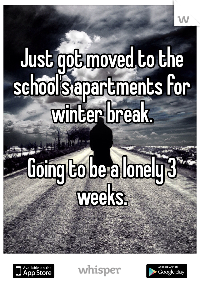 Just got moved to the school's apartments for winter break.
 
Going to be a lonely 3 weeks. 