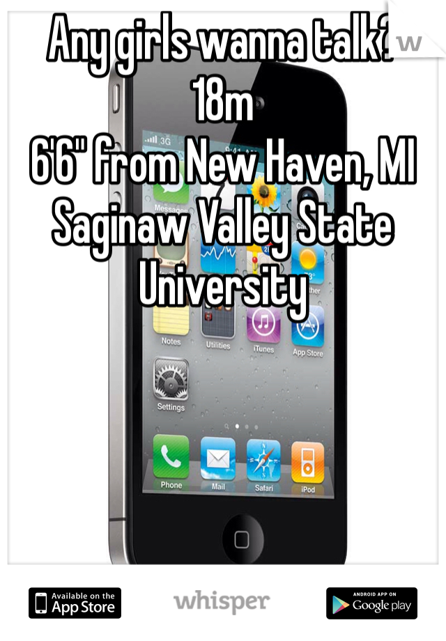 Any girls wanna talk? 
18m 
6'6" from New Haven, MI
Saginaw Valley State University