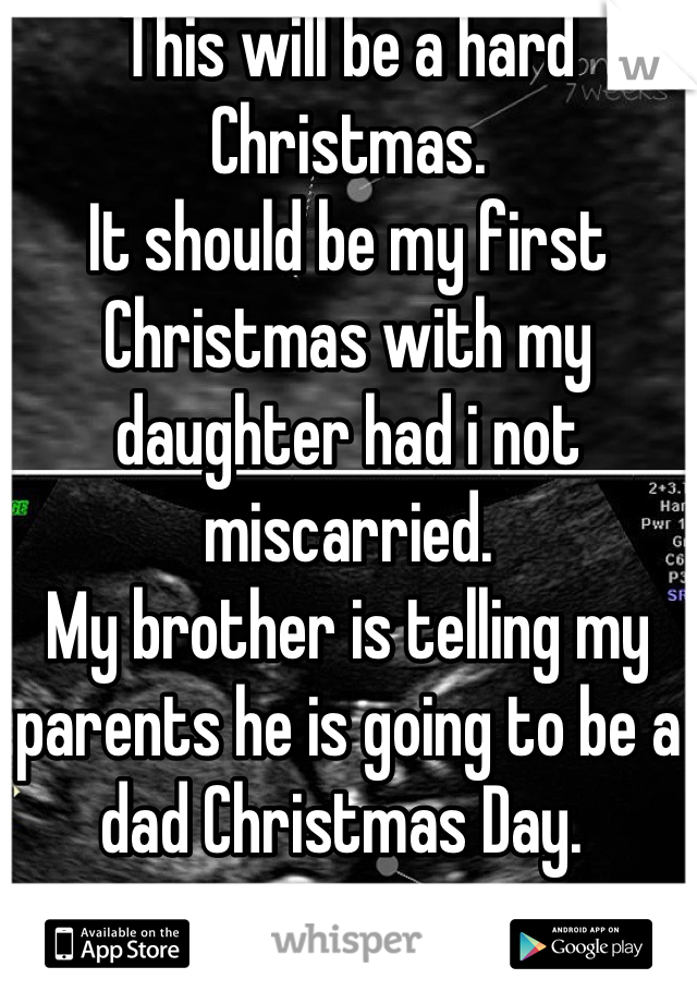 This will be a hard Christmas. 
It should be my first Christmas with my daughter had i not miscarried. 
My brother is telling my parents he is going to be a dad Christmas Day. 