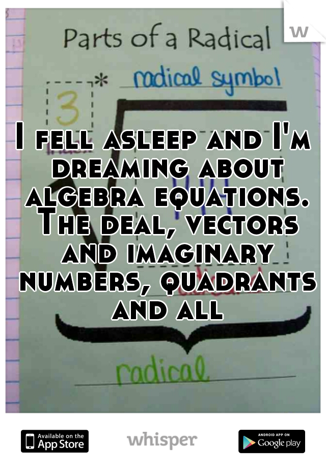 I fell asleep and I'm dreaming about algebra equations. The deal, vectors and imaginary numbers, quadrants and all