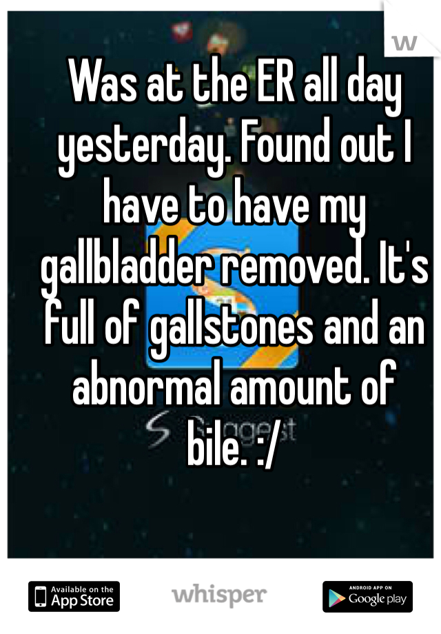 Was at the ER all day yesterday. Found out I have to have my gallbladder removed. It's full of gallstones and an abnormal amount of bile. :/ 