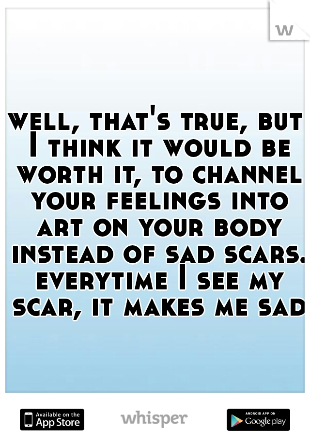 well, that's true, but I think it would be worth it, to channel your feelings into art on your body instead of sad scars. everytime I see my scar, it makes me sad.