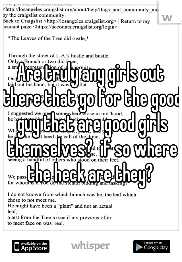 Are truly any girls out there that go for the good guy that are good girls themselves?  if so where the heck are they? 