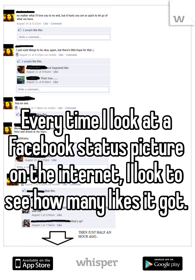Every time I look at a Facebook status picture on the internet, I look to see how many likes it got. 
