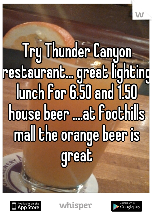  Try Thunder Canyon restaurant... great lighting lunch for 6.50 and 1.50 house beer ....at foothills mall the orange beer is great