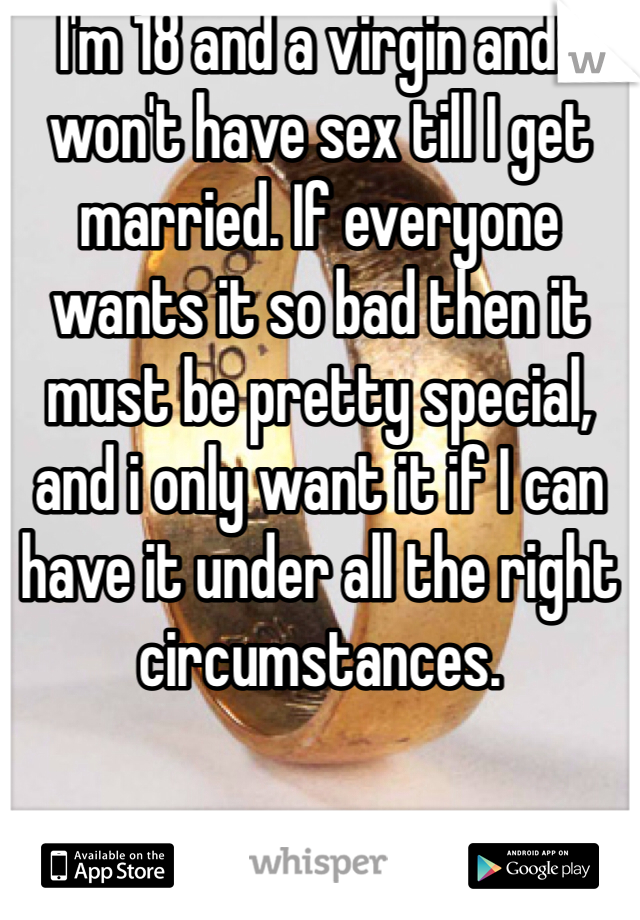 I'm 18 and a virgin and I won't have sex till I get married. If everyone wants it so bad then it must be pretty special, and i only want it if I can have it under all the right circumstances. 